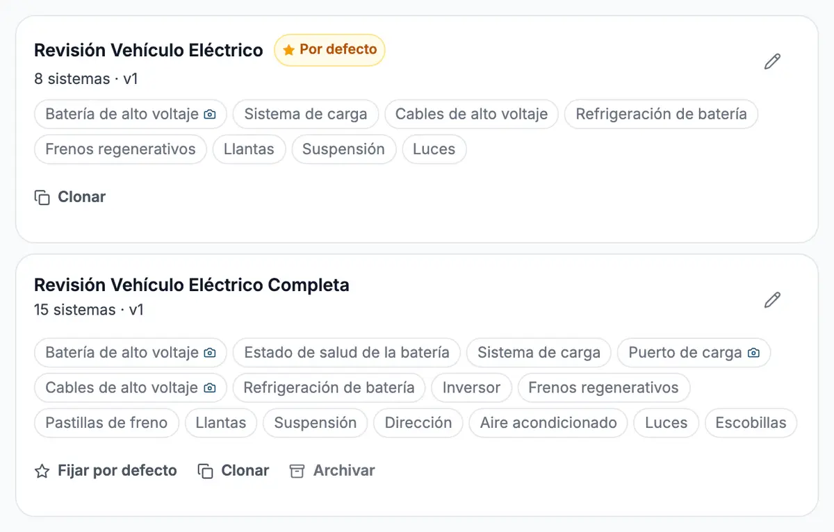 Las plantillas de inspección de un taller de eléctricos. La de ocho sistemas
                  viene marcada por defecto y la batería de alto voltaje lleva el icono de
                  cámara que obliga la foto. Debajo, una versión completa de quince sistemas.