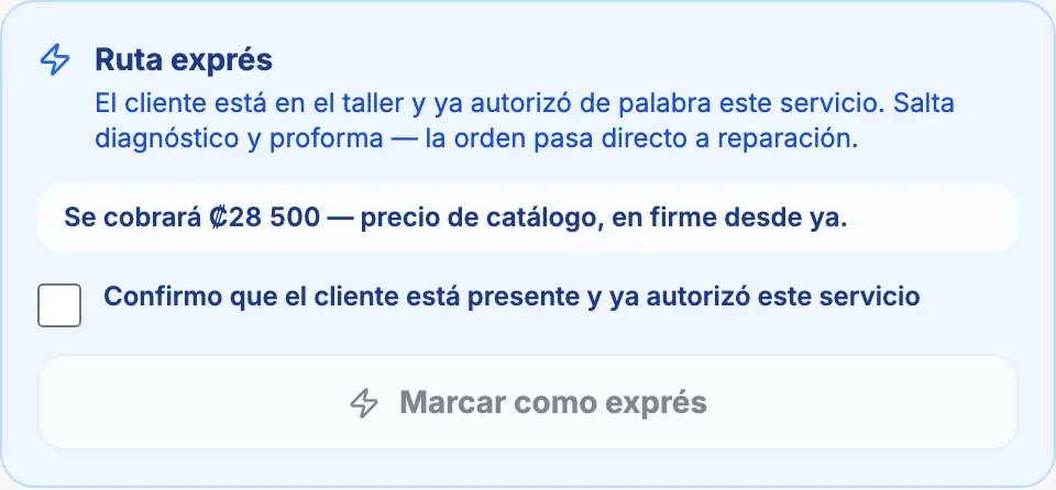 La ruta exprés dentro de una orden. Dice que el cliente está en el taller
                  y ya autorizó de palabra, que se salta diagnóstico y proforma, y que se
                  cobrarán 28 500 colones, precio de catálogo, en firme desde ya.